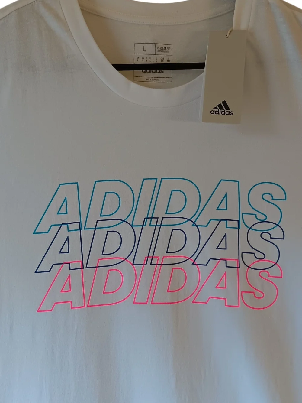 Adidas men's white short-sleeve activewear graphic t-shirt size L